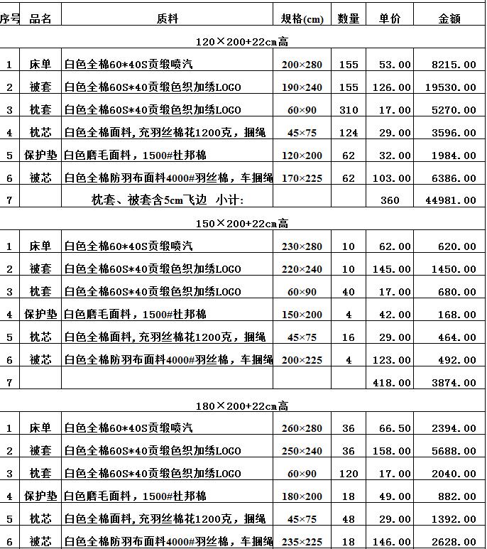 酒店床上用品报价